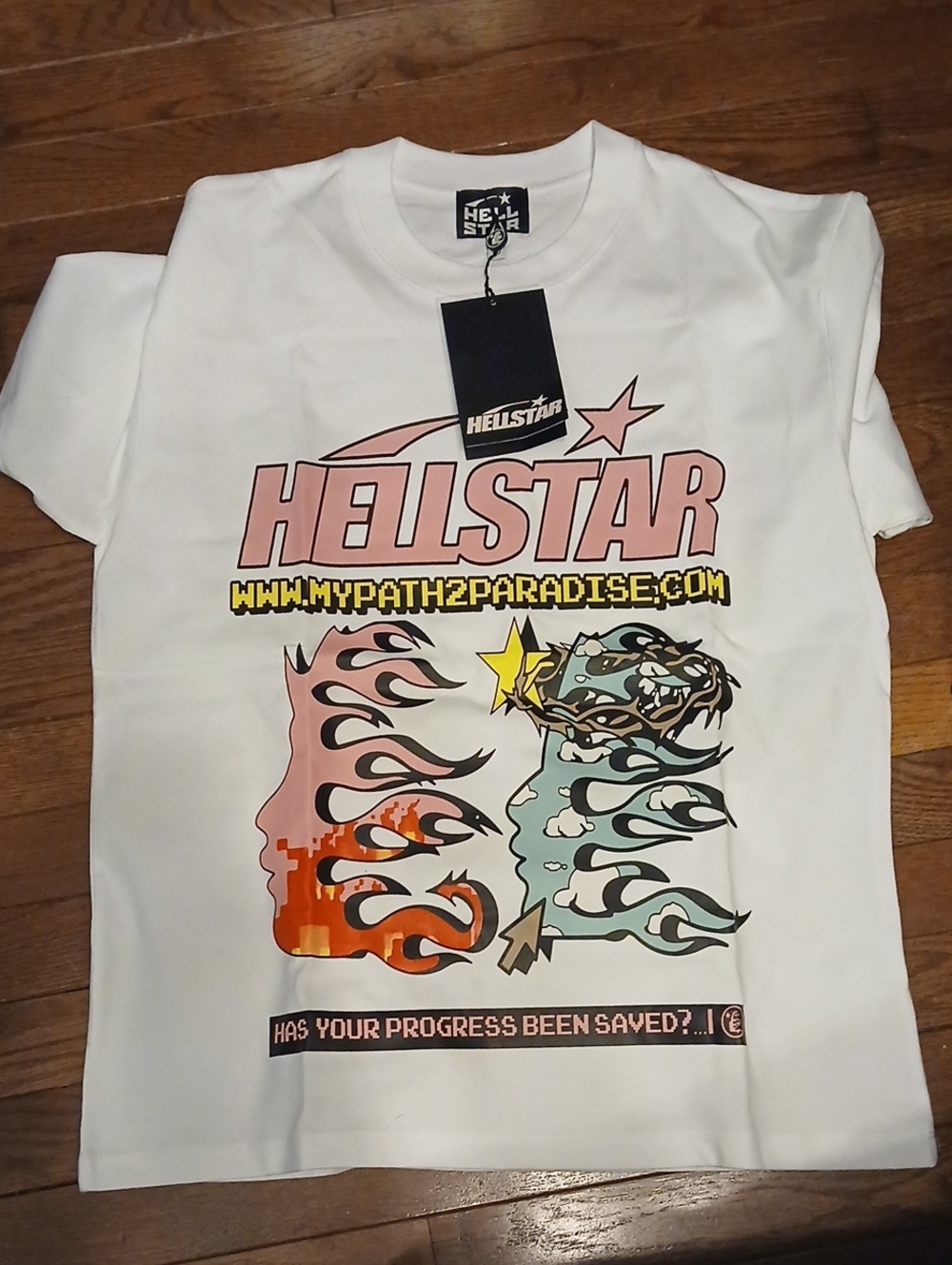 White Graphic Tee - Pink & Light Blue Design